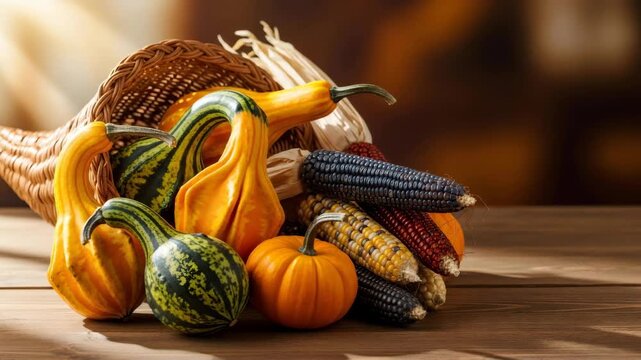 Cornucopia filled with gourds, corn, and pumpkins on wooden table for harvest festival or Thanksgiving day footage.