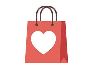 A red shopping bag with a white heart symbol is displayed against a white background.