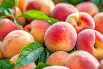 Close-up of vibrant ripe peaches with fresh green leaves, showcasing fuzzy skin texture.