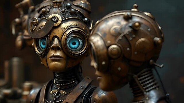 In a steampunk realm, two intricate robots share secrets. Their brass bodies gleam under soft light, with vivid blue eyes reflecting a story of adventure and wonder