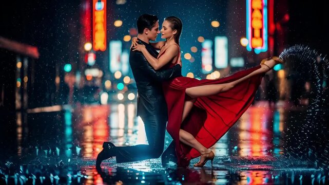 A couple shares an intense dance in a vibrant city as rain falls and neon lights shimmer. Their connection and movement create an enchanting moment filled with romance