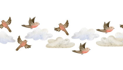 Watercolor with clouds and birds. Seamless border children on the background for textile design, packaging, wallpaper, clothes, birthday, card.
