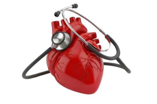 Human heart model with stethoscope isolated on transparent background, healthcare concept