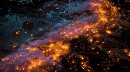 A long exposure photograph of glowing, molten rare earth elements (like neodymium and praseodymium) flowing through a circuit board that transforms into a starry galaxy. 