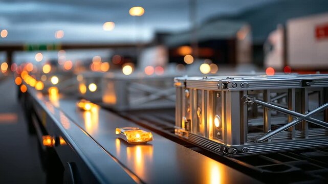 Transportation logistics &mdash; modular sections securely fastened on flatbed trailers, reflective safety lights shining, defocused distant traffic, with copy space.