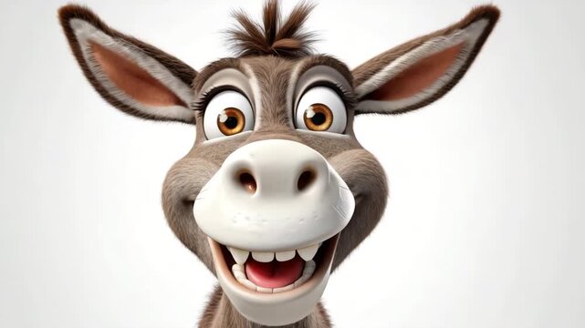 Joyful animated donkey character with big eyes and a cheerful smile expressing happiness and friendliness in a simple and colorful design