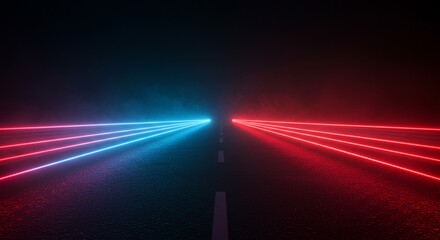 Abstract road with red and blue neon lights at night in a dark scene