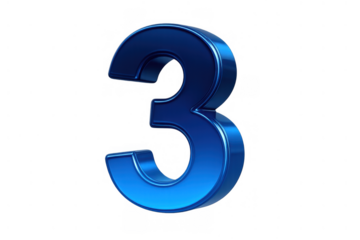 Number three rendering in glossy blue metallic finish, an isolated 3d numeral on transparent background