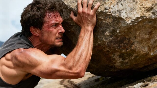 Man struggles to push large rock uphill during intense outdoor training in rugged landscape under bright sun