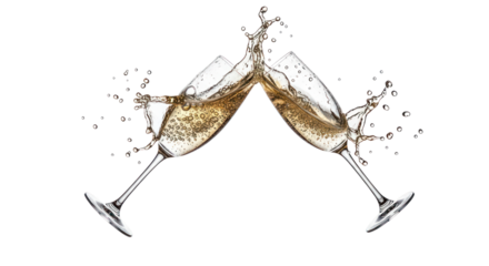 Celebrate success with a champagne toast, bubbly beverage splashing from flutes, perfect for holiday celebrations and special occasions.
