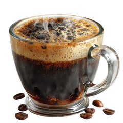 A clear mug with black coffee and rising steam, white background, photorealistic