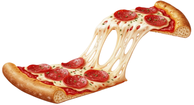 Mouthwatering pepperoni pizza slice with dripping cheese, perfect for pizzeria menus and food promotions, so tempting