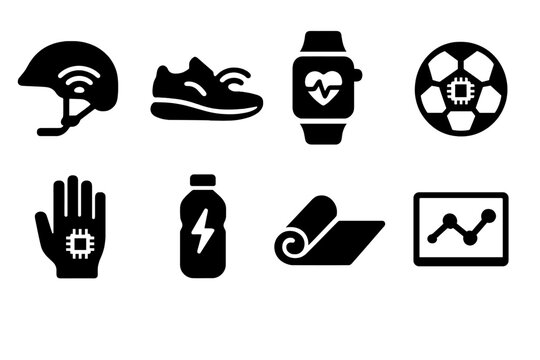 Sports Gear Icons. Sports gear innovations. Filled icon set of sports gear innovations: smart helmet, running