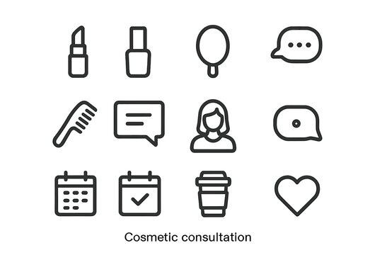 Cosmetic Consultation Icons. Cosmetic consultation. Line outline icon set of cosmetic consultation: lipstick,