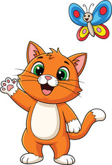Cute cartoon orange cat, playful butterfly illustration, children’s animal character, funny pet drawing, kids clipart, happy cat art, educational design