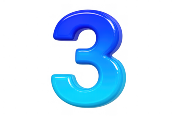 Blue glossy 3d number 3 icon with gradient coloring on a transparent background, depicting ranking, counting or achievement
