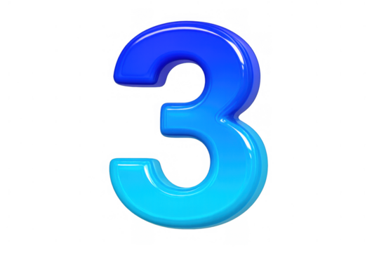 Blue glossy 3d number 3 icon with gradient coloring on a transparent background, depicting ranking, counting or achievement
