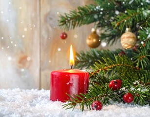 Festive Red Candle Burning Beside Christmas Tree With Ornaments and Snow