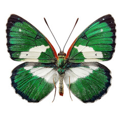A green and black striped butterfly, wings fully open, clean white background, realistic texture