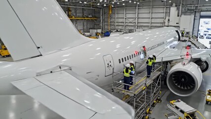 inspecting aircraft doors, maintenance crew checking aircraft entry points thoroughly, technicians in safety vests carefully inspect plane door components with proper equipment - Powered by Adobe