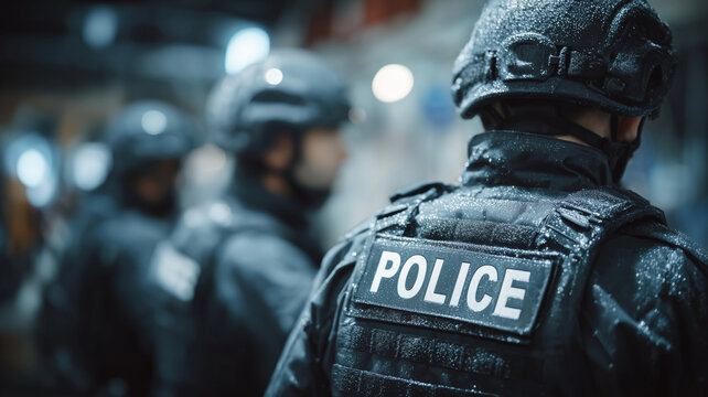 Immigration enforcement operation by ICE agents in a dim corridor setting