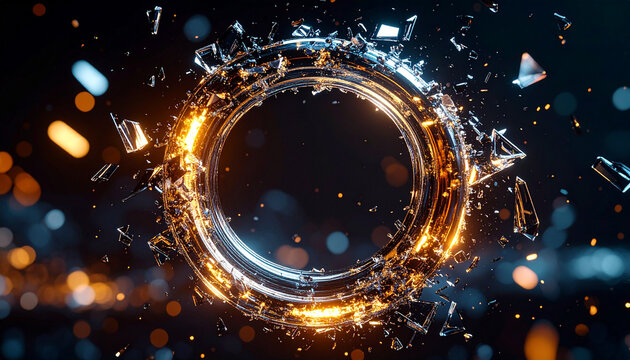 Shattered Circle of Energy: An artistic representation of a dynamic, circular structure, fragmented into shards of glass, pulsating with a radiant, ethereal glow, symbolizing innovation.