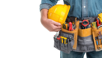 Close-up of a worker's waist with a hard hat and tool belt