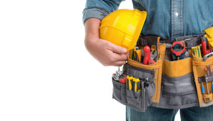 Close-up of a worker's waist with a hard hat and tool belt