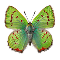 A lime green butterfly with tiny spots, isolated on white, ultra-realistic