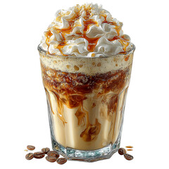 A mocha with whipped cream topping in a clear glass, white background, photorealistic