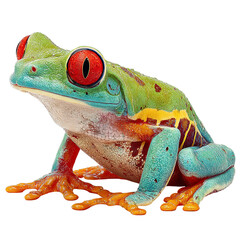 A lime green frog with red eyes, isolated, white background, photorealistic