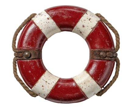 Vintage red and white life preserver, showing age and wear.  A circular, weathered life preserver,  red with faded white stripes,  and metal bands.  Rope handles are visible