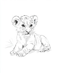 Obraz premium Adorable line drawing of playful lion cub portrait on white background