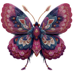 A pink and purple butterfly with intricate patterns, white background, highly detailed