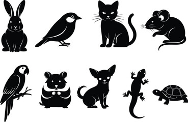 Silhouette animals collection, pet vector icons, rabbit, cat, dog, bird, turtle, lizard, hamster, parrot, mouse, black design set