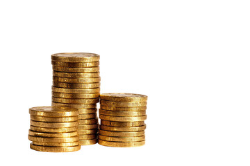 Three stacks of golden coins, vertically arranged, forming a small, slightly uneven, triangular shape