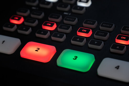 Modern video mixing console used in live broadcast and studio environments, showcasing advanced audiovisual technology.