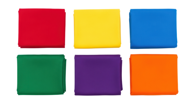 A vibrant collection of folded fabric squares in rainbow colors creates a playful and cheerful design element for your project.