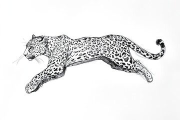 Black and white sketch of a leaping leopard in mid-air