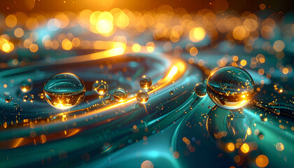 Dreamlike Waters: Glistening droplets of water ripple across a mesmerizing surface, reflecting warm golden lights, creating an ethereal and abstract composition.
