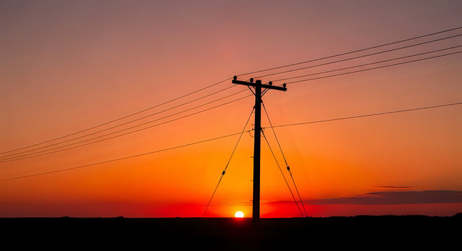 Dramatic sunset silhouette of a lone electrical utility pole with power lines creating a striking, fiery landscape at twilight