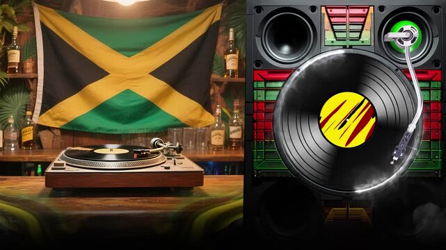 Reggae Music Lounge with Turntable, Vinyl Discs and Vibrant Colors - Lounge musical reggae com toca-discos, vinis e cores vibrantes
