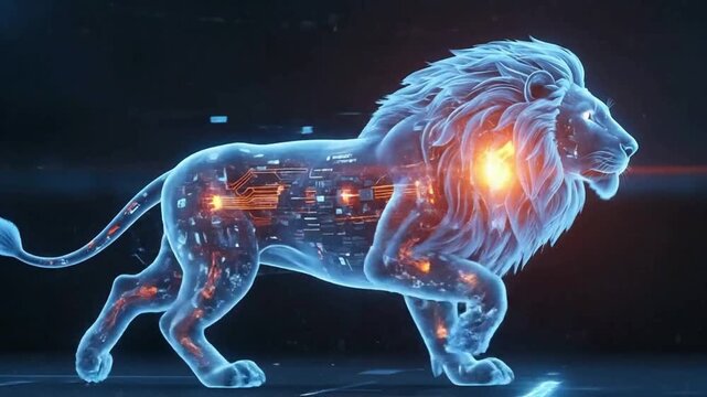 Stunning futuristic lion prowling with glowing circuit patterns and vibrant energy, symbolizes power and innovation in the digital age