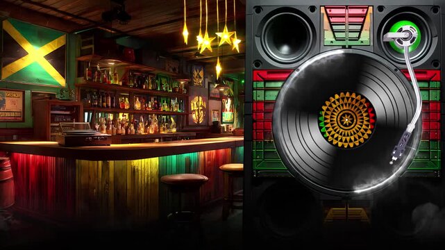 Authentic Reggae Dancehall Bar with Caribbean Lights and Flag - Bar reggae aut&ecirc;ntico com luzes caribenhas e bandeira da Jamaica