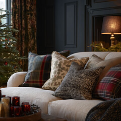 Cozy living room sofa with decorative cushions, celebrating holiday season with Christmas tree and festive home decor at night
