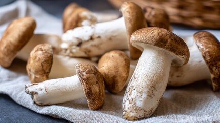 Fresh King Trumpet mushrooms (Pleurotus eryngii) on rustic fabric texture.