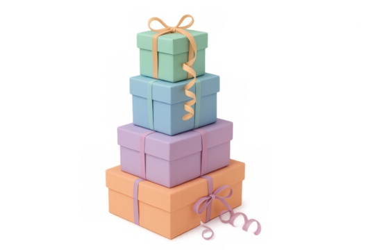 Stack of pastel colored gift boxes with ribbons, symbolizing celebration, gifting, and special occasion surprise, transparent background