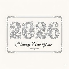 Elegant floral typography design  bold “2026” numbers filled with blooming roses, tulips, and leaves  black and white line art  vintage botanical illustration style  minimalist New Year greeting compo