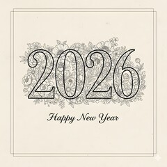 Artistic “2026” number illustration  surrounded by detailed peonies, daisies, and foliage, fine ink drawing style monochrome floral ornament classy Happy New Year lettering beneath.