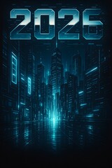 Futuristic 2026 Digital Cityscape – Neon Blue Cyberpunk Design with Sci-Fi Glow Effects